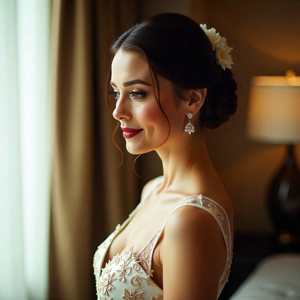 27 Best Bridal Hair and Makeup Ideas for Your Big Day 2 Sleek Bun with Bold Red Lips