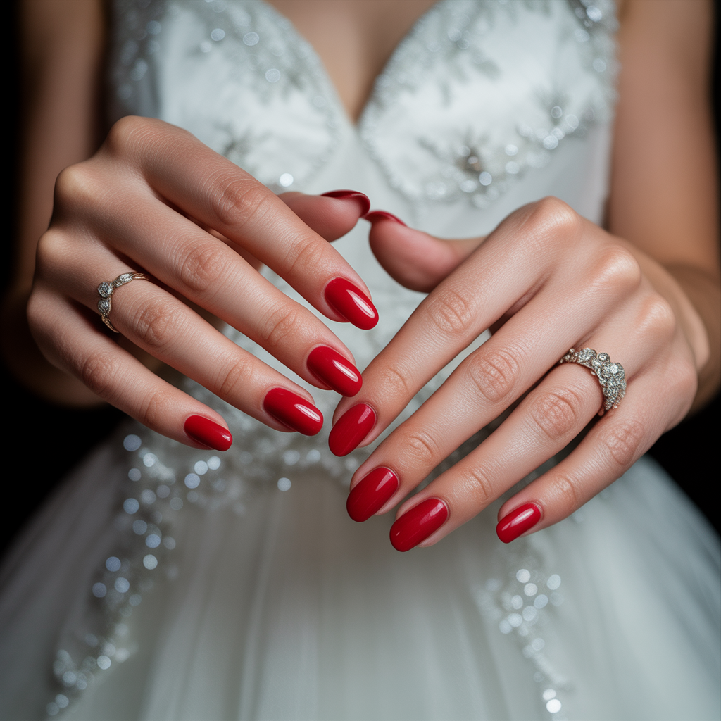 20 Trendy and Classic Wedding Nail Ideas for Brides 3 Bold Red Bridal Manicure