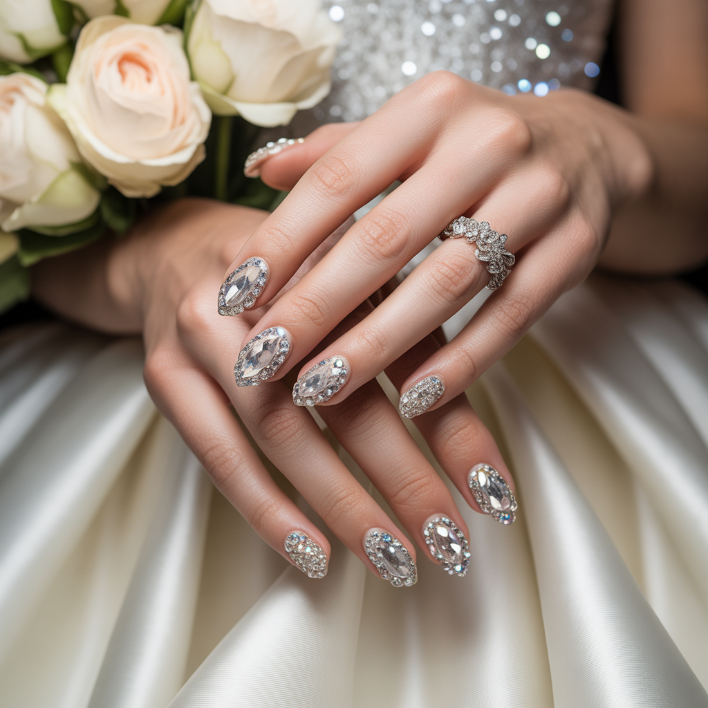 20 Trendy and Classic Wedding Nail Ideas for Brides 12 Crystal Embellished Bridal Nails