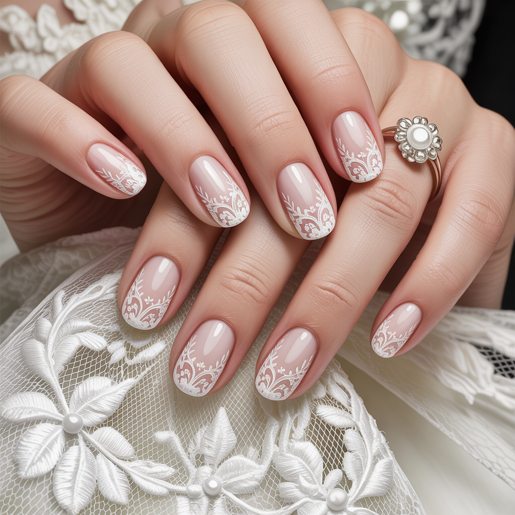 20 Trendy and Classic Wedding Nail Ideas for Brides 14 Lace Patterned Bridal Nails
