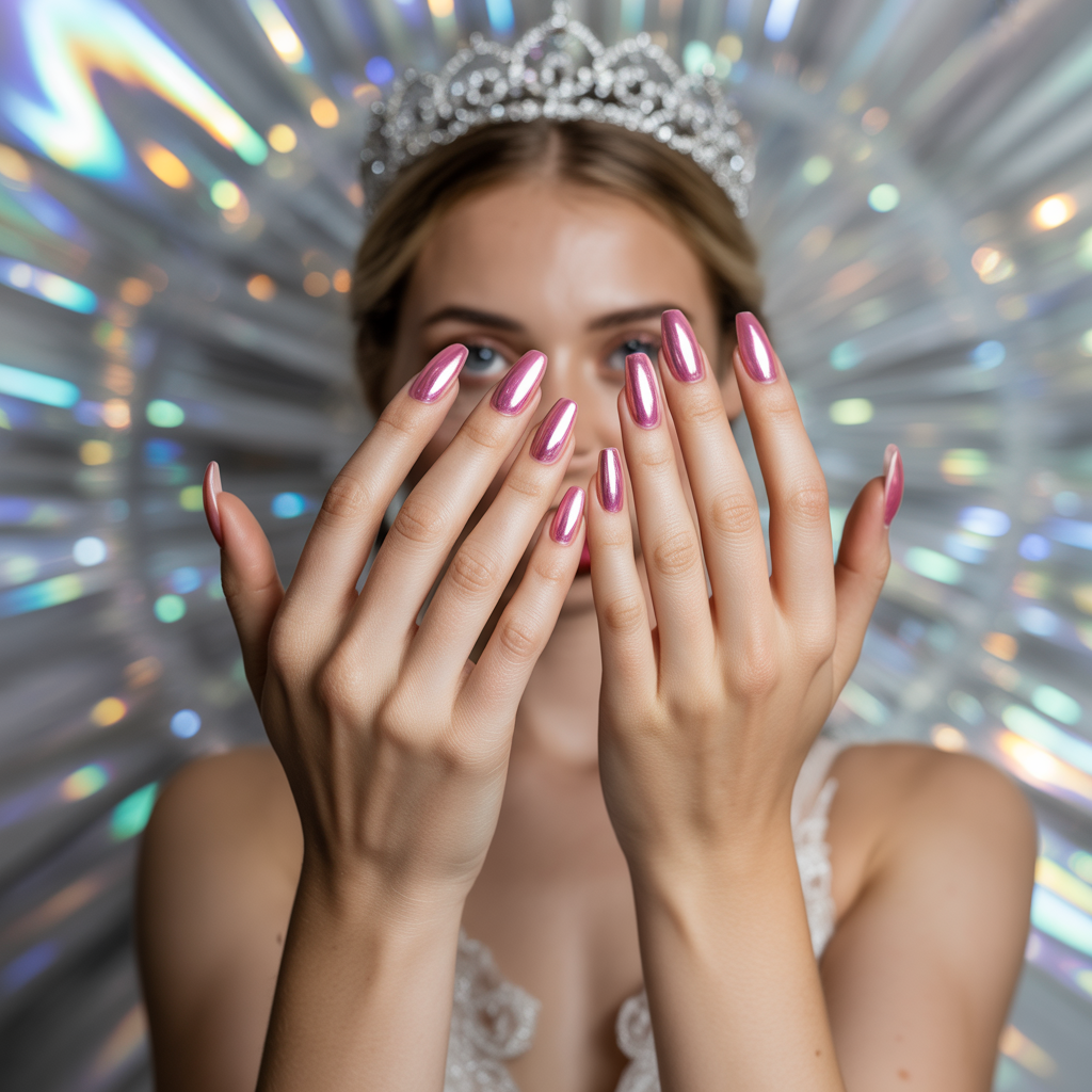 15 Pink Wedding Nail Ideas for Elegant Brides 10 Pink chrome mirror finish