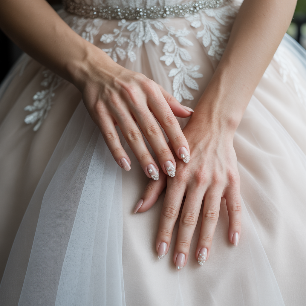 15 Pink Wedding Nail Ideas for Elegant Brides 7 Pink with pearl wedding nail ideas
