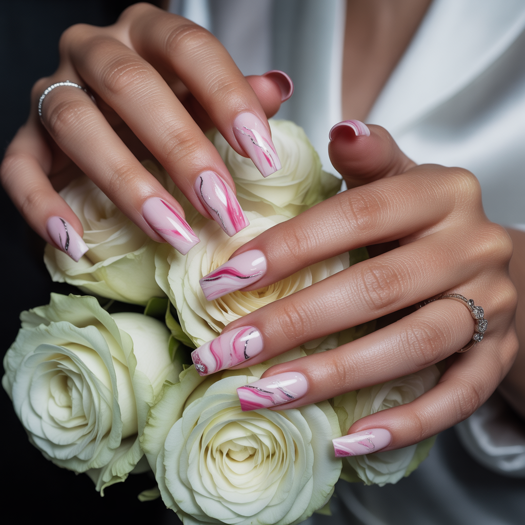 15 Pink Wedding Nail Ideas for Elegant Brides 9 Pink marble artistry