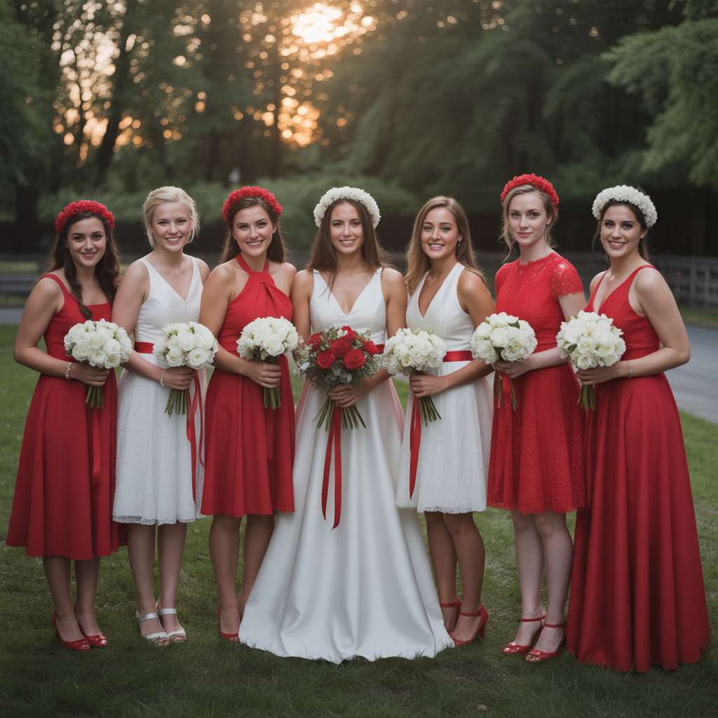 20 Elegant Red and White Wedding Inspiration for Your Big Day 13 Red and White Wedding Attire for Bridesmaids