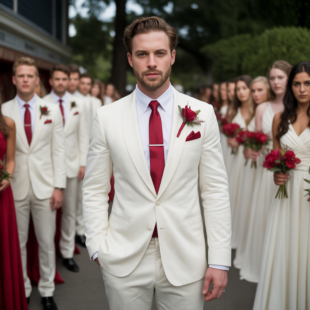 20 Elegant Red and White Wedding Inspiration for Your Big Day 3 Red and White Wedding Suits for Grooms