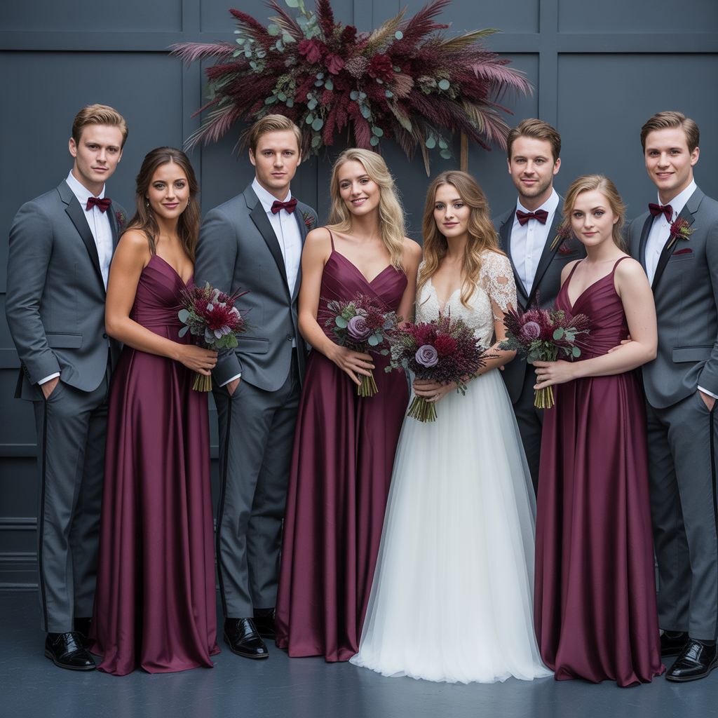 20 Elegant Fall Wedding Colors That Capture Autumn’s Charm 11 Wine and Slate Gray Depth