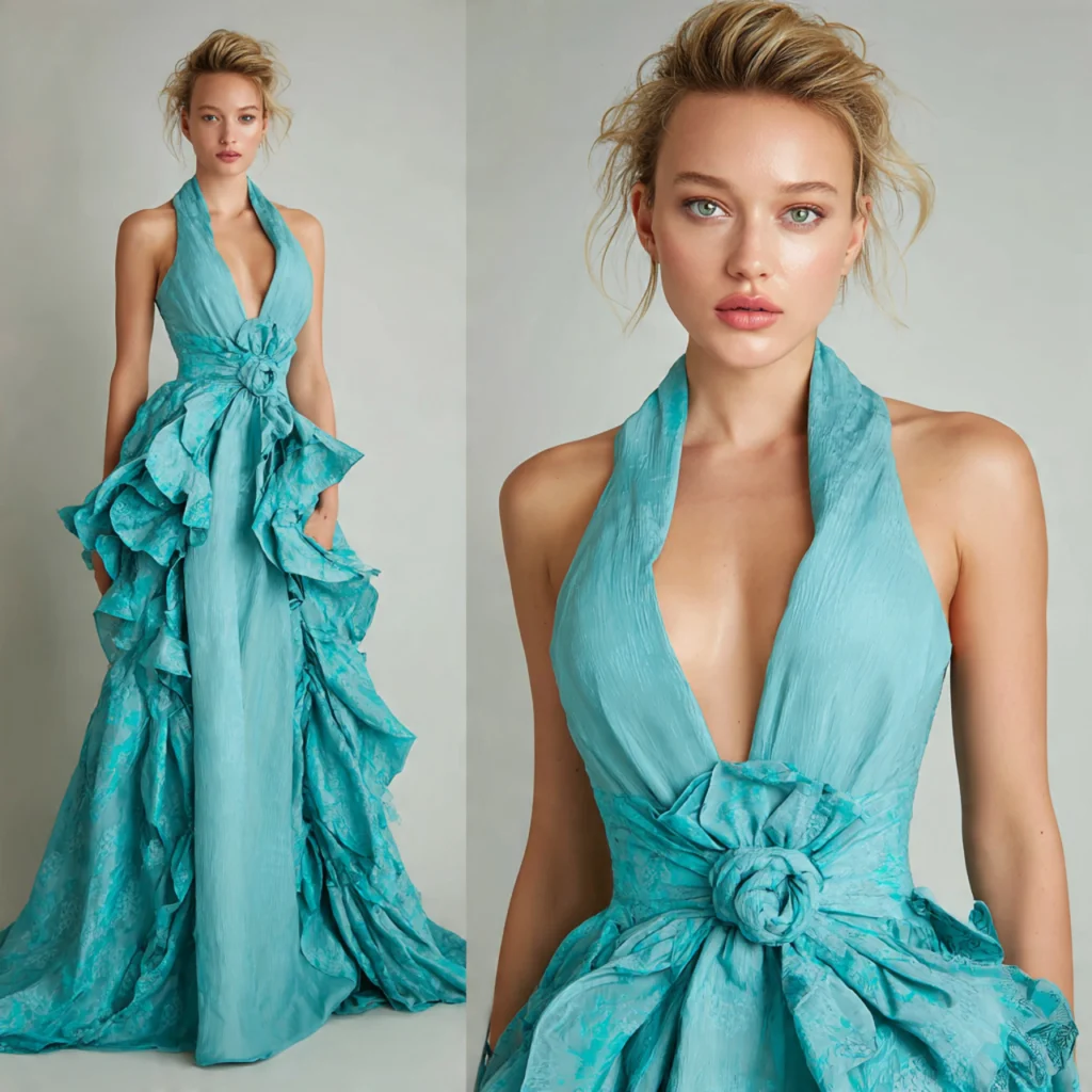 Aqua blue halter neckline gown