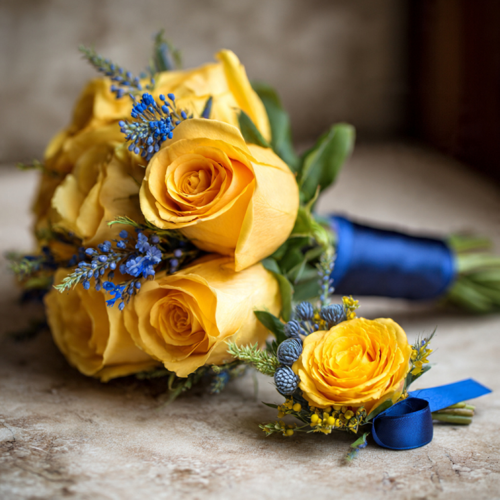 Bouquets and boutonnieres designed to echo both colours