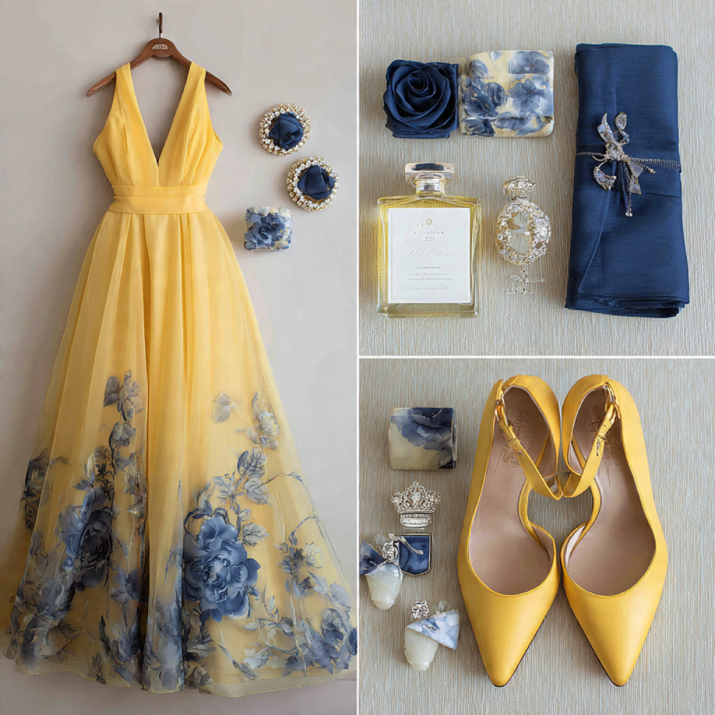 Bridal attire touches for a blue and yellow wedding
