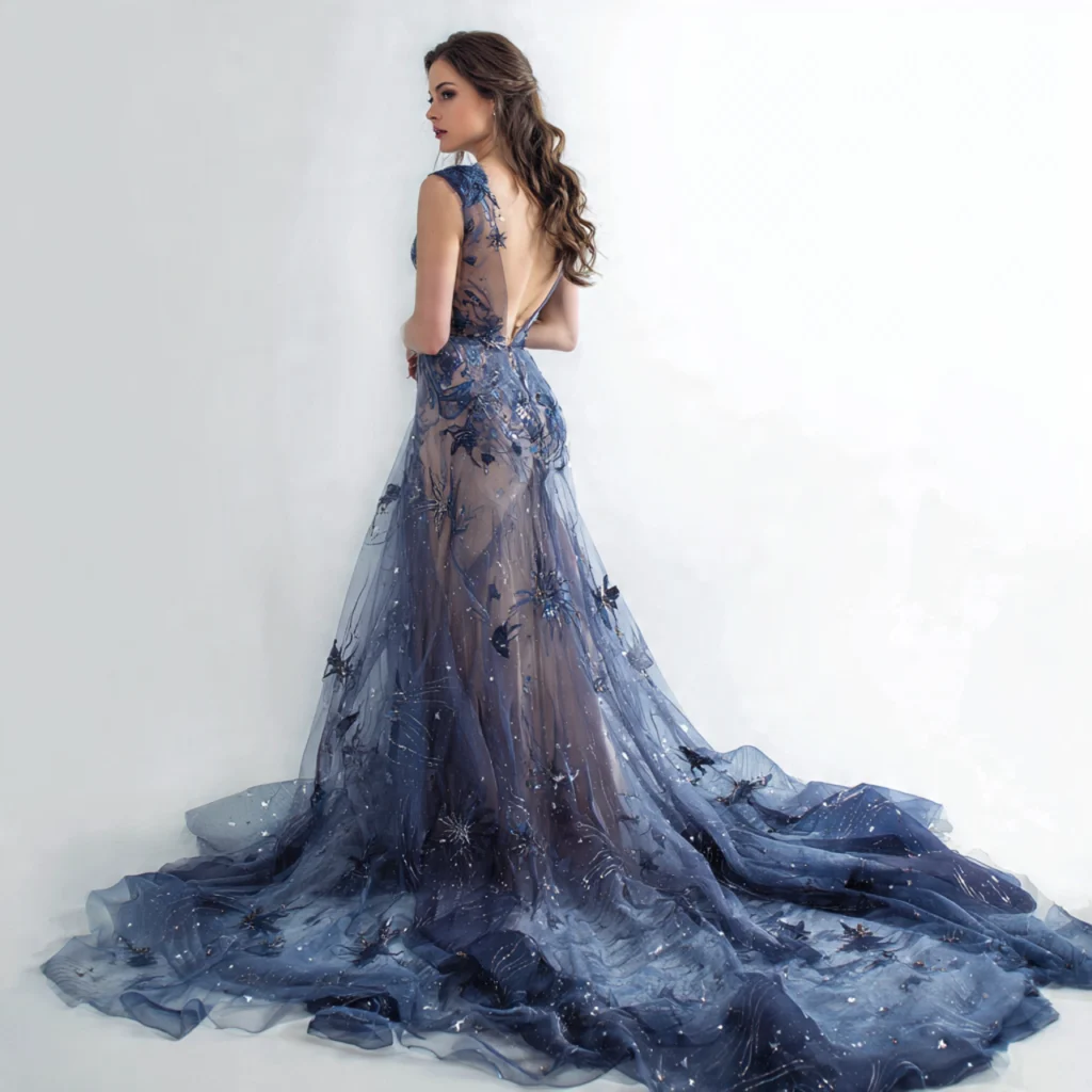 Celestial blue illusion back gown