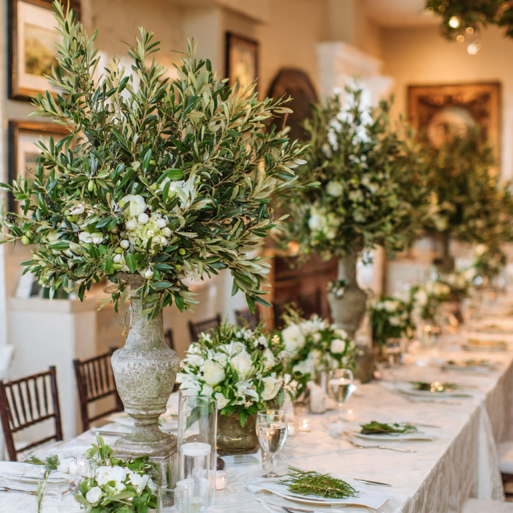 Centerpieces with Olive Green and Fresh Greens