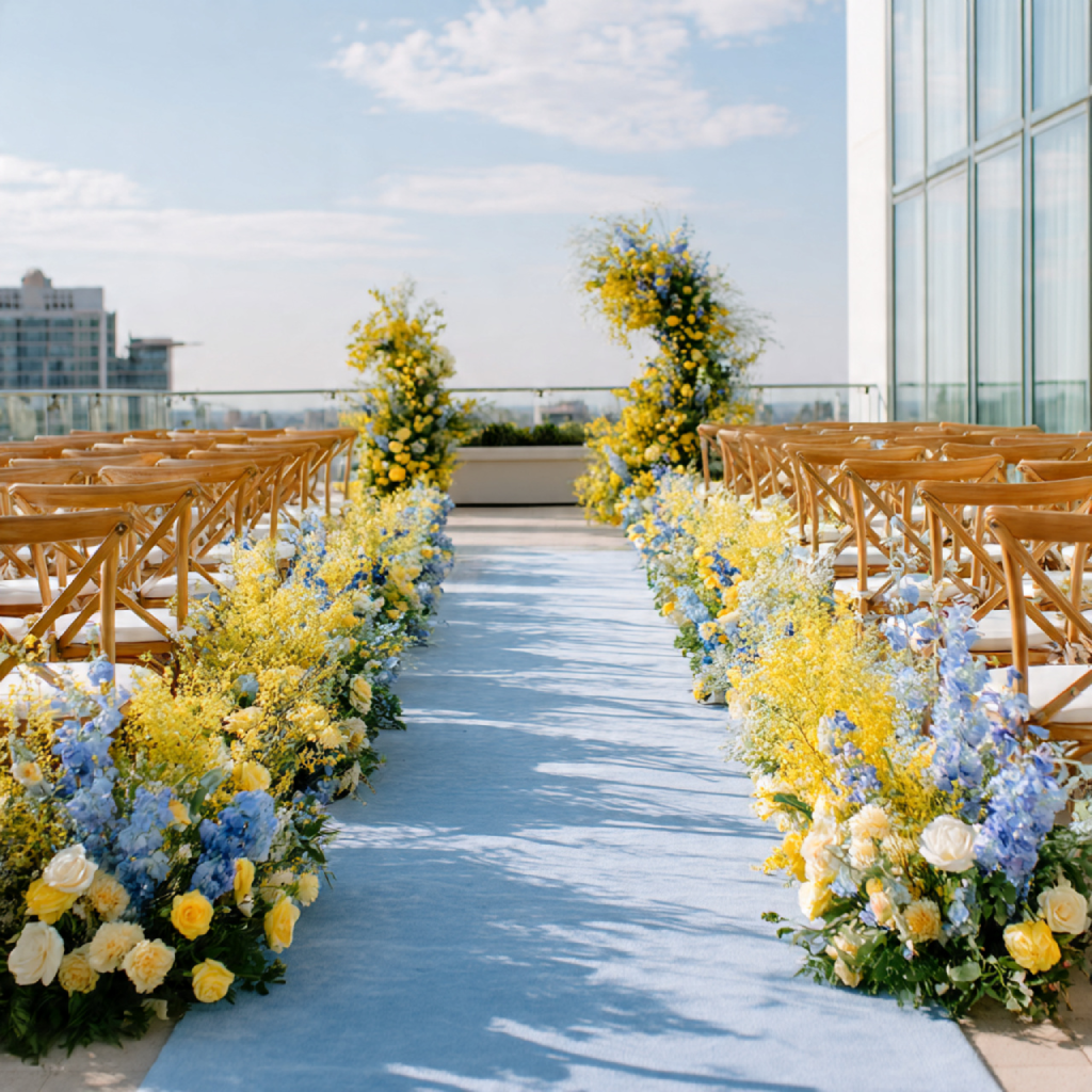 Ceremony aisle decor in blue and yellow