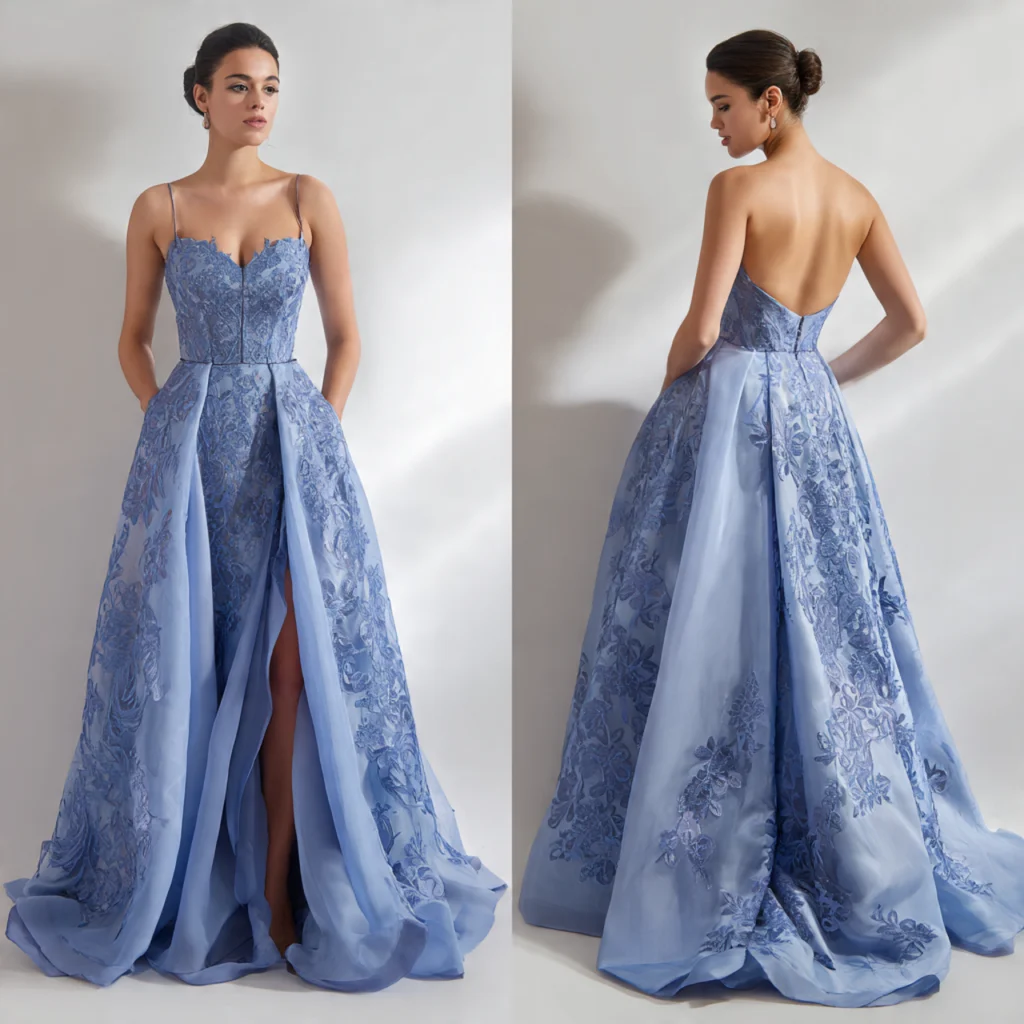 Cornflower blue detachable overskirt gown