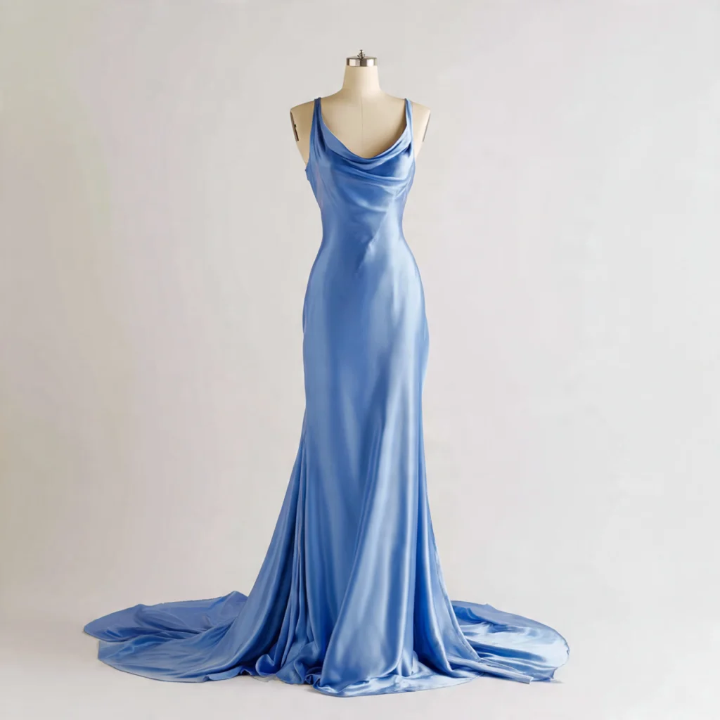 Cornflower blue satin gown with cowl back