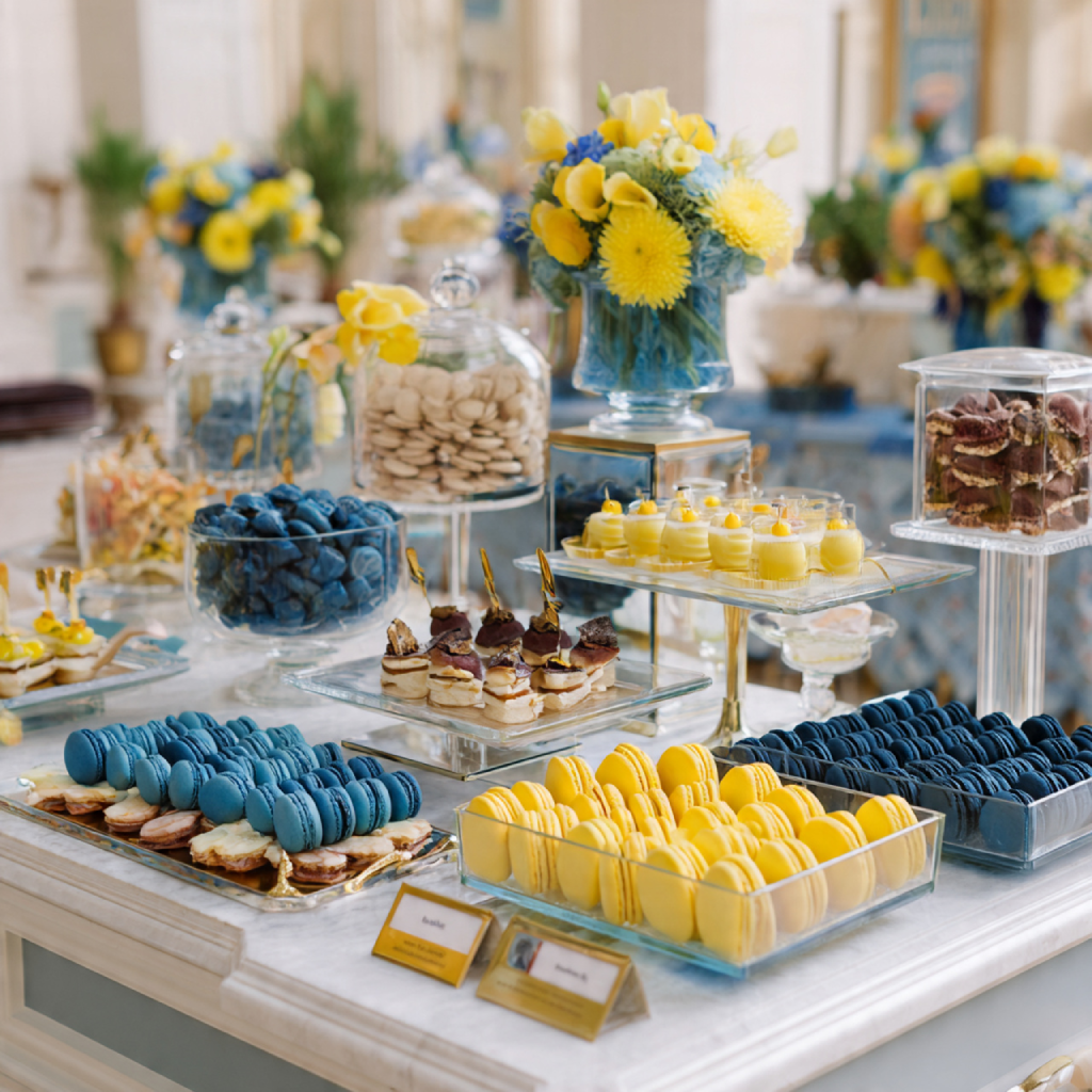 Dessert station with blue and yellow treats