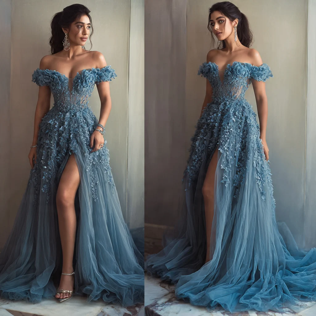 Dusty blue off‑shoulder A‑line