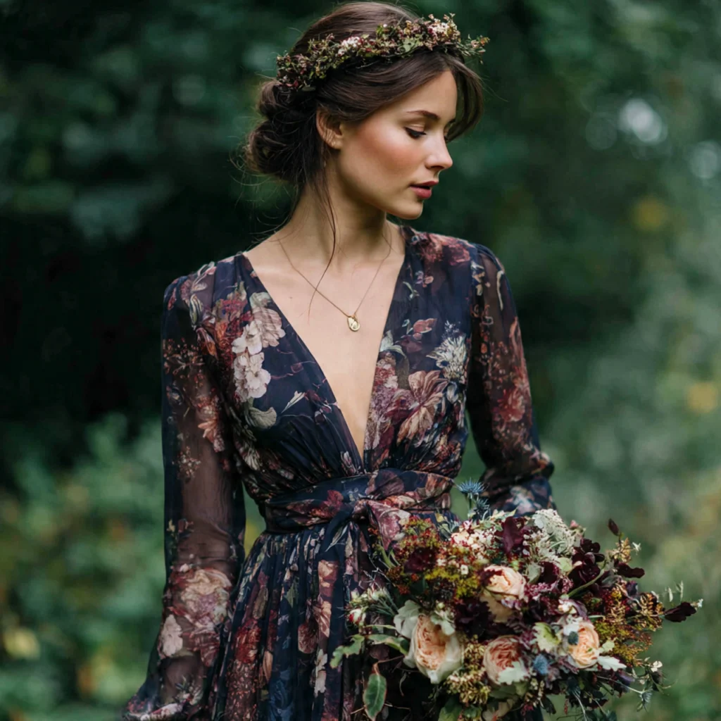 20 Stylish Guide on What to Wear to a Fall Wedding 23 Floral Prints in Dark Palettes