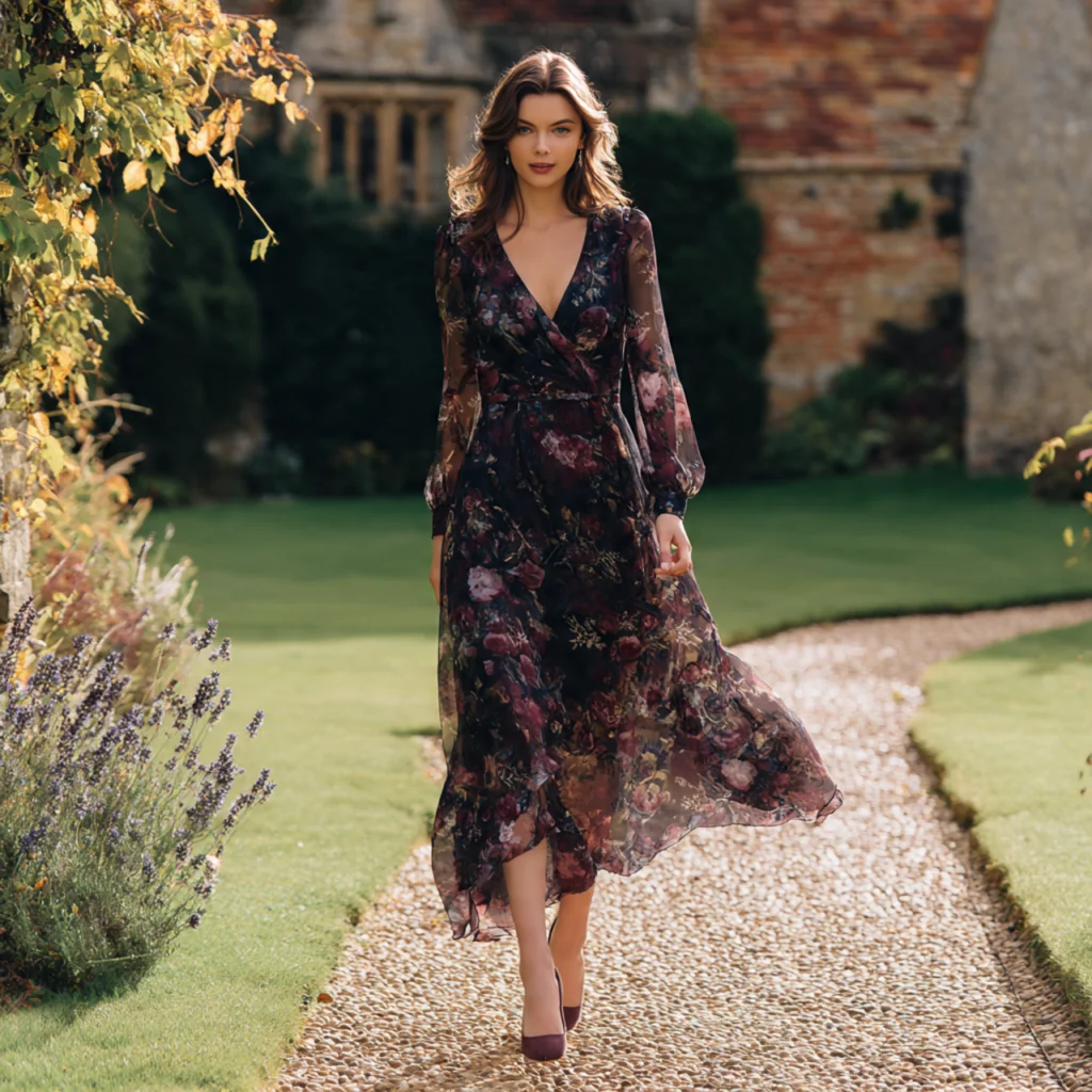 20 Stylish Guide on What to Wear to a Fall Wedding 24 Floral Prints in Dark Palettes