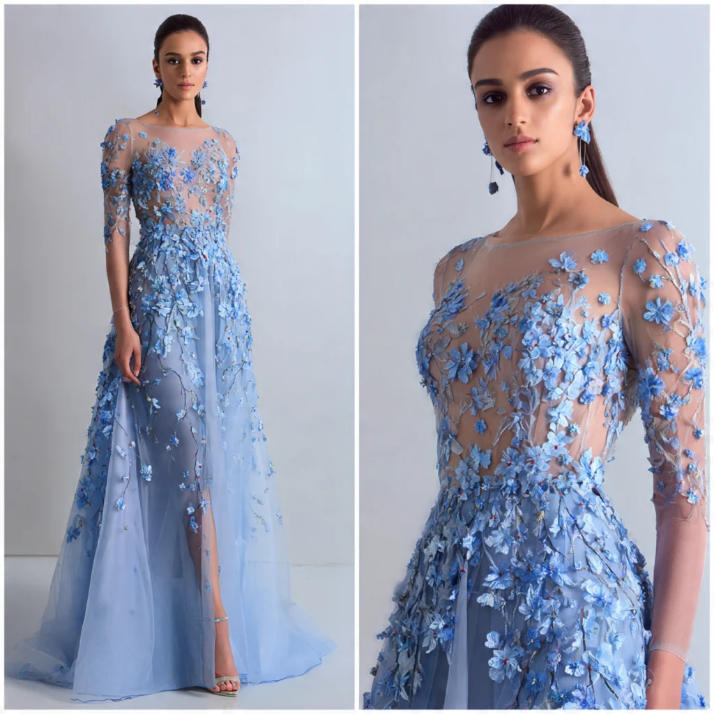 Frost‑blue lace applique gown with sheer sleeves