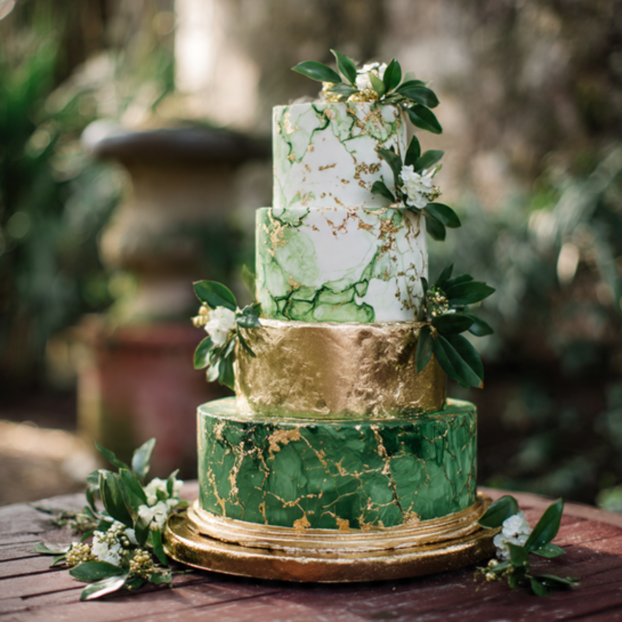 25 Green Gold Wedding Ideas for a Luxurious and Natural Celebration 9 Green Gold Wedding Cake Design