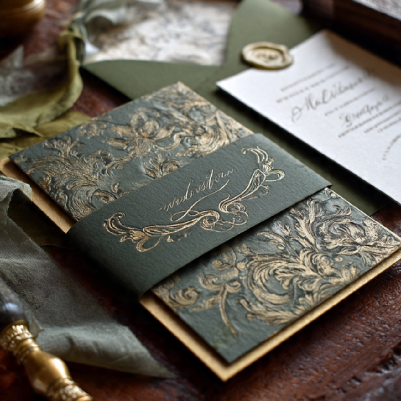 25 Green Gold Wedding Ideas for a Luxurious and Natural Celebration 17 Green Gold Wedding Invitations Suite