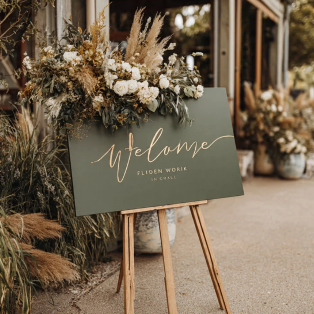 25 Green Gold Wedding Ideas for a Luxurious and Natural Celebration 24 Green Gold Wedding Signage