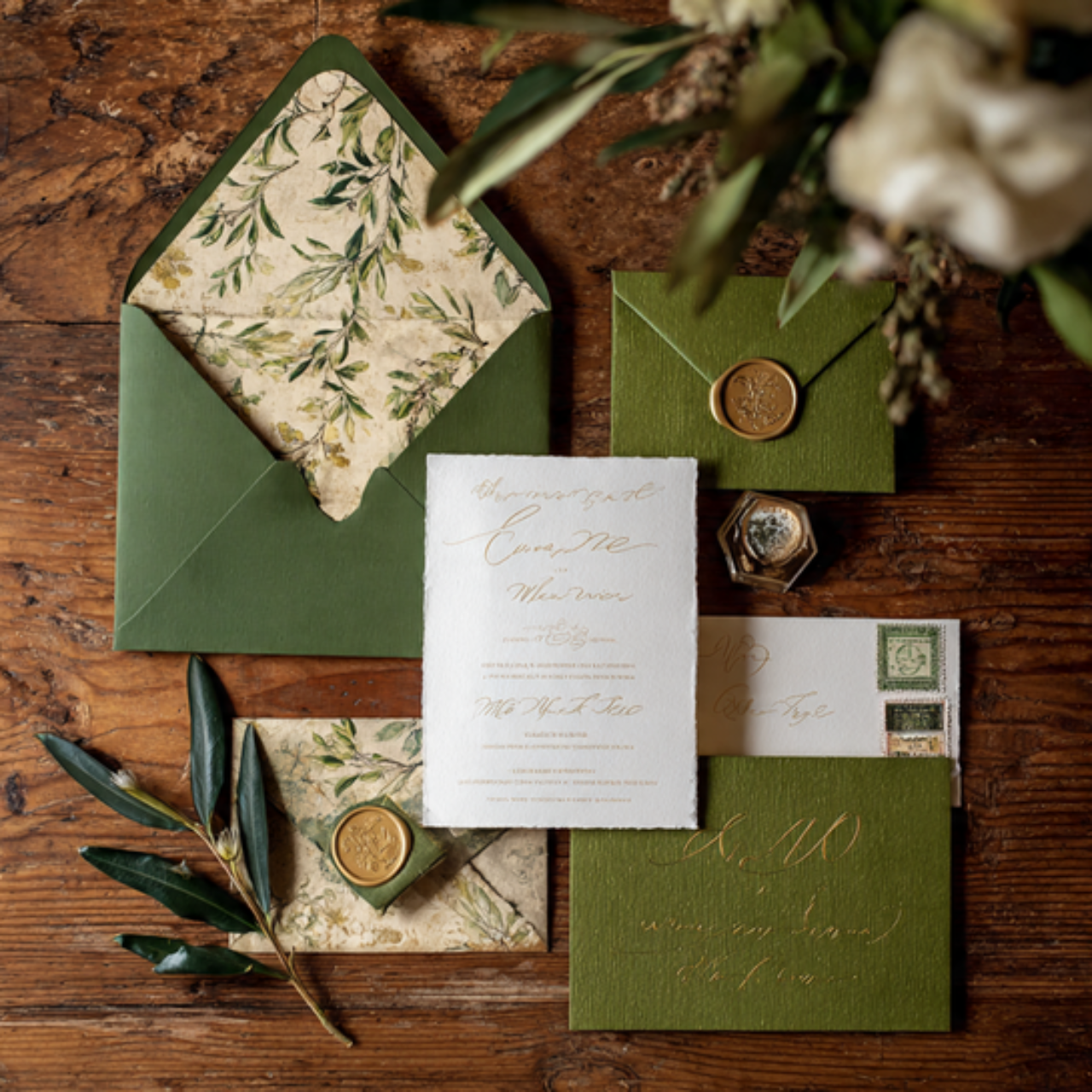 25 Green Gold Wedding Ideas for a Luxurious and Natural Celebration 14 Green Gold Wedding Stationery