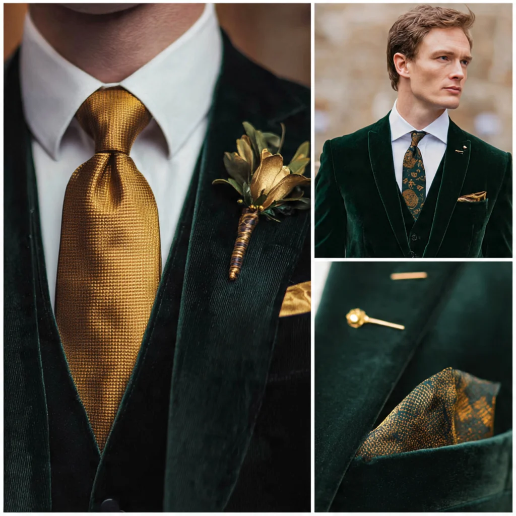 25 Green Gold Wedding Ideas for a Luxurious and Natural Celebration 4 Groom’s Attire for a Green Gold Wedding