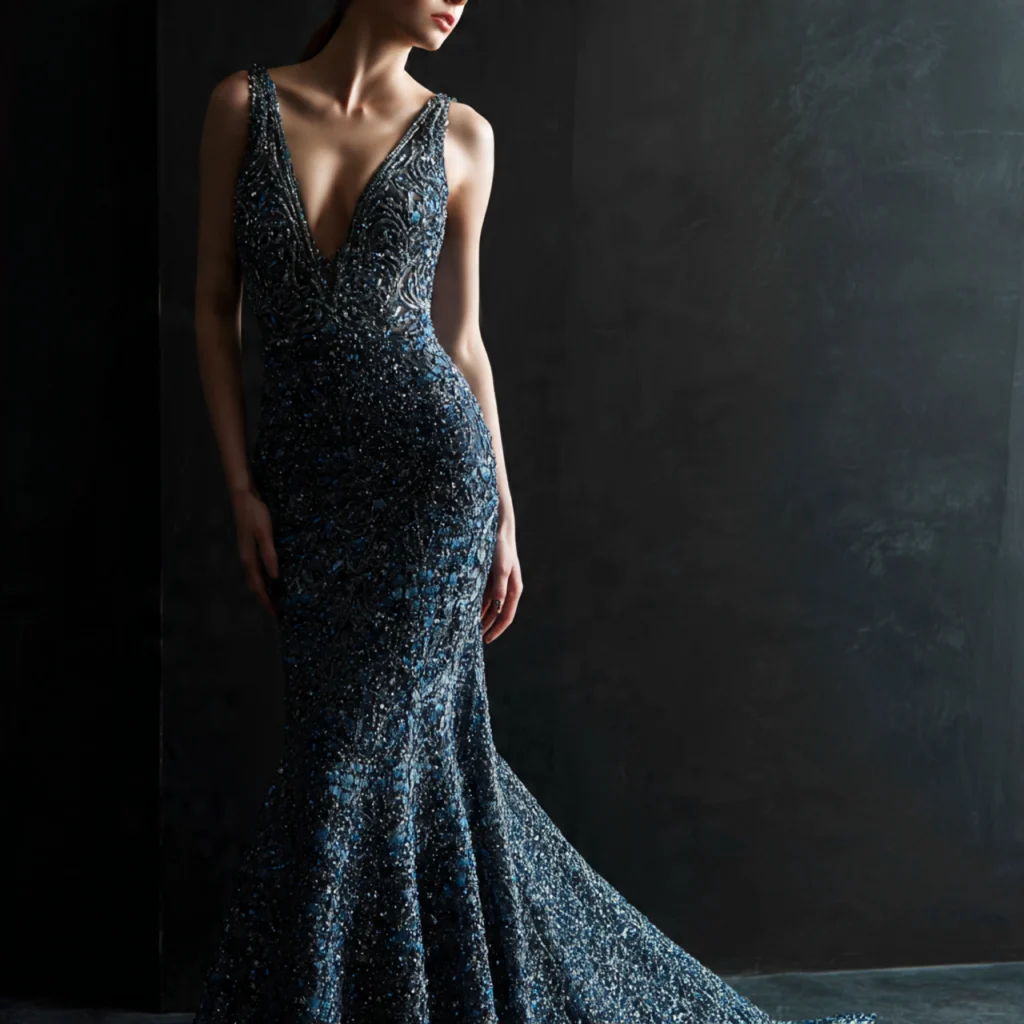 Gunmetal‑blue mermaid gown with shimmer