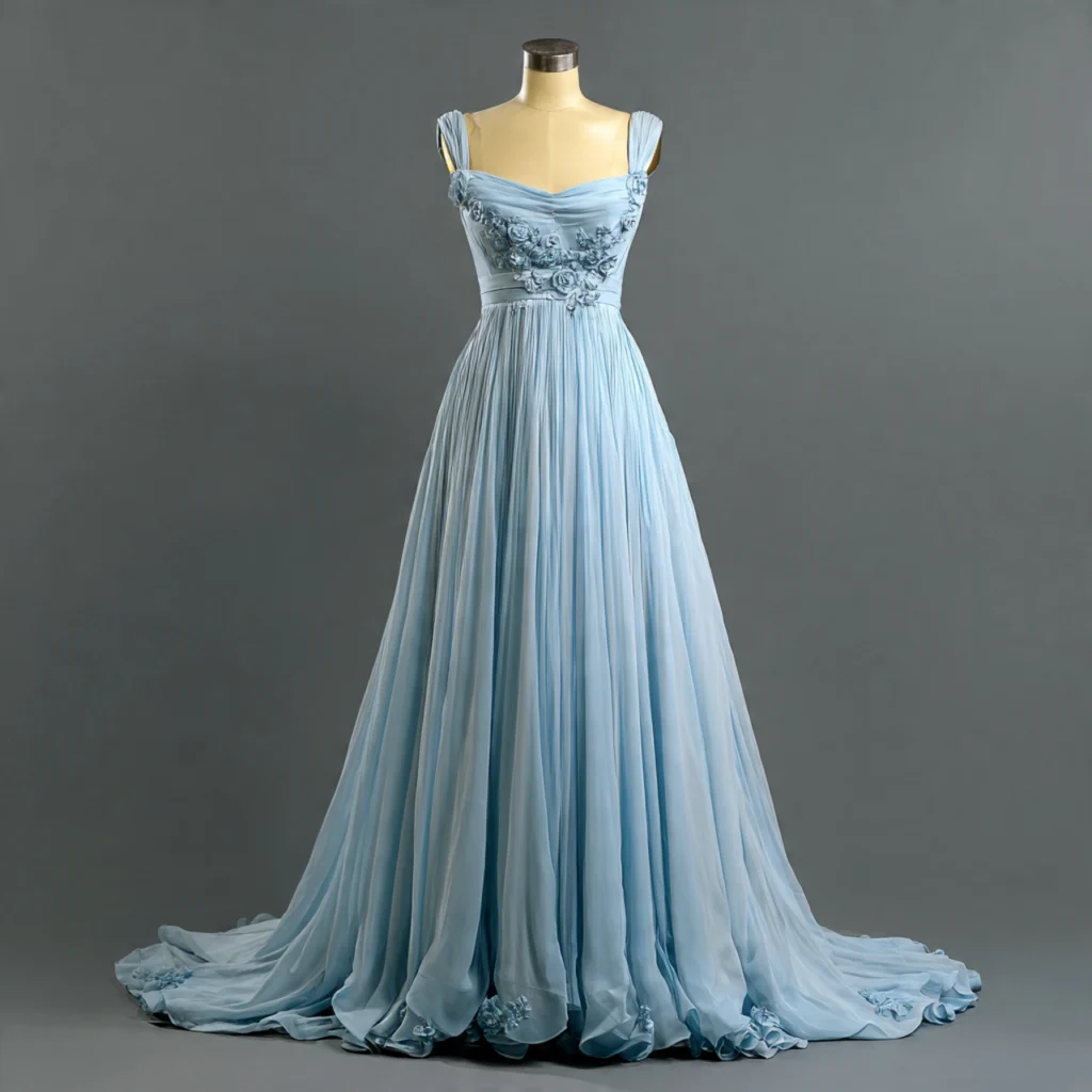 Ice‑blue chiffon empire waist gown