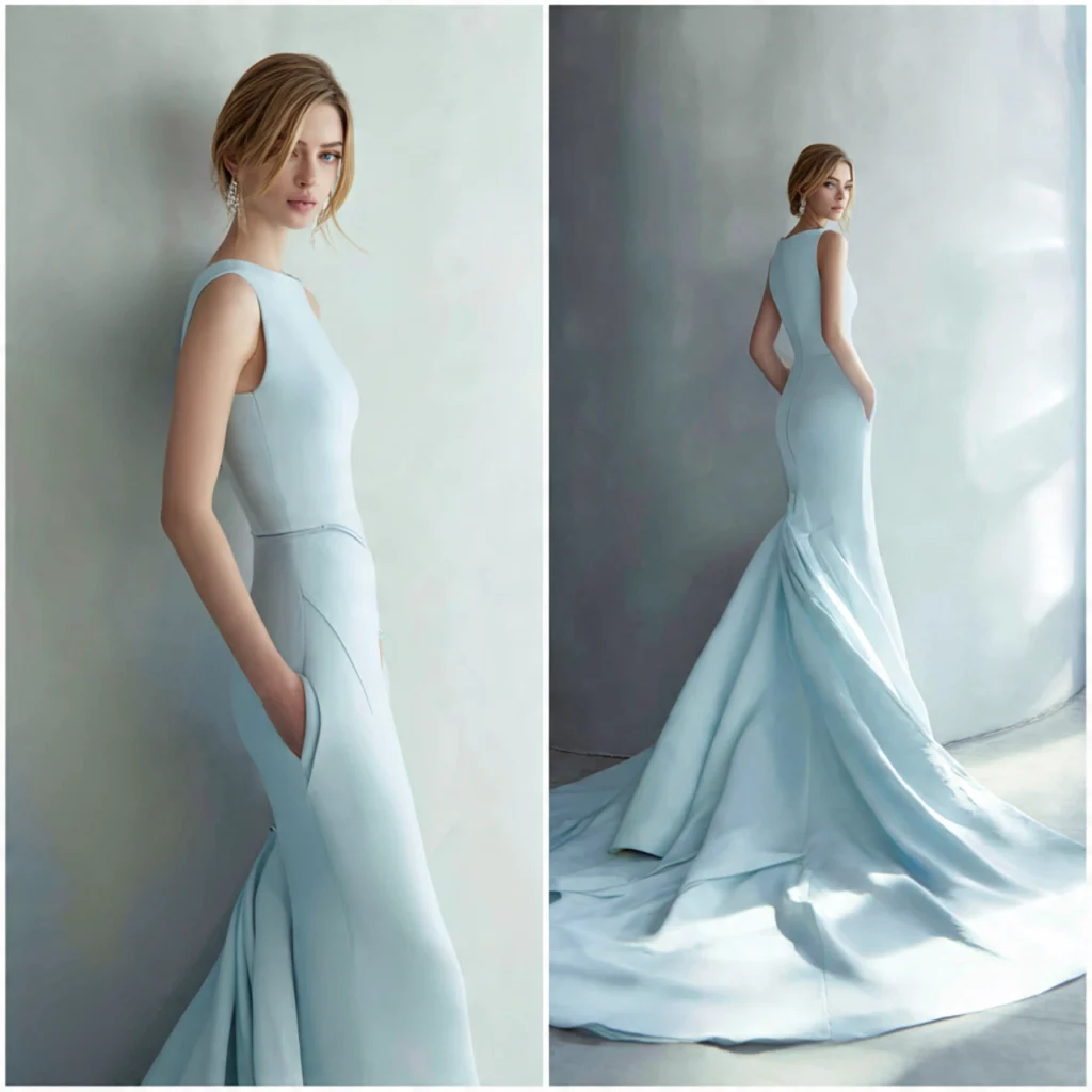Ice‑blue minimal sheath with a dramatic train