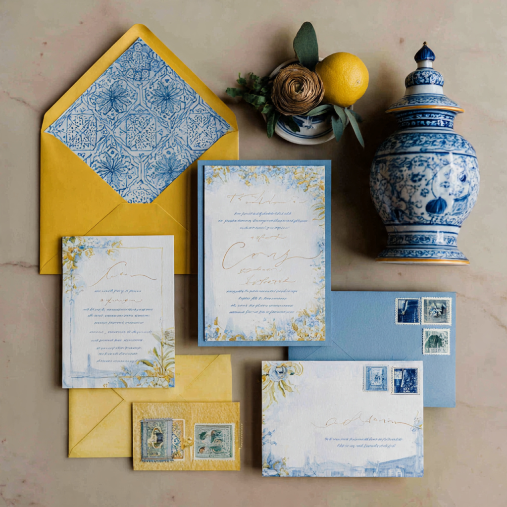Invitation and stationery with blue and yellow accents