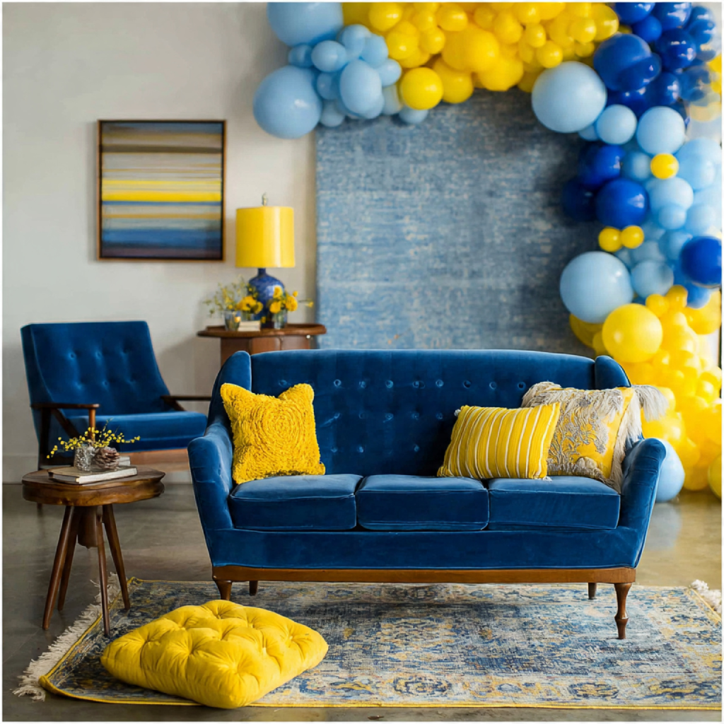 Lounge or photo‑booth area styled in blue and yellow