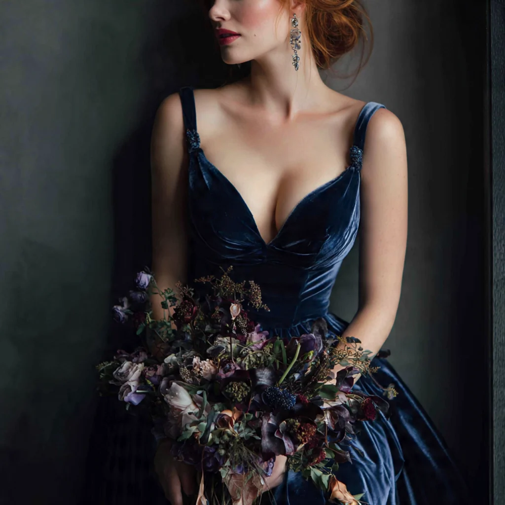 Midnight blue velvet winter wedding dress