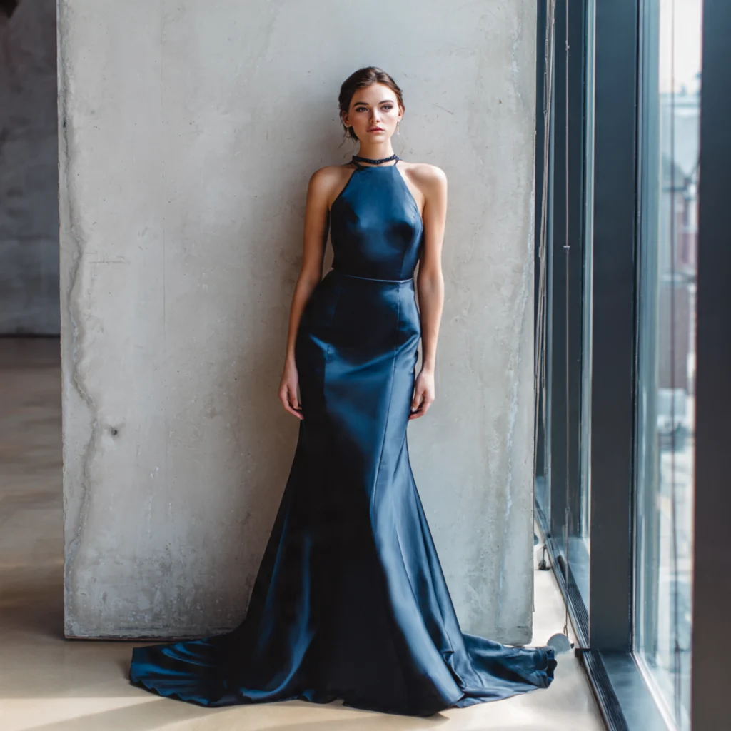 Midnight navy satin sheath