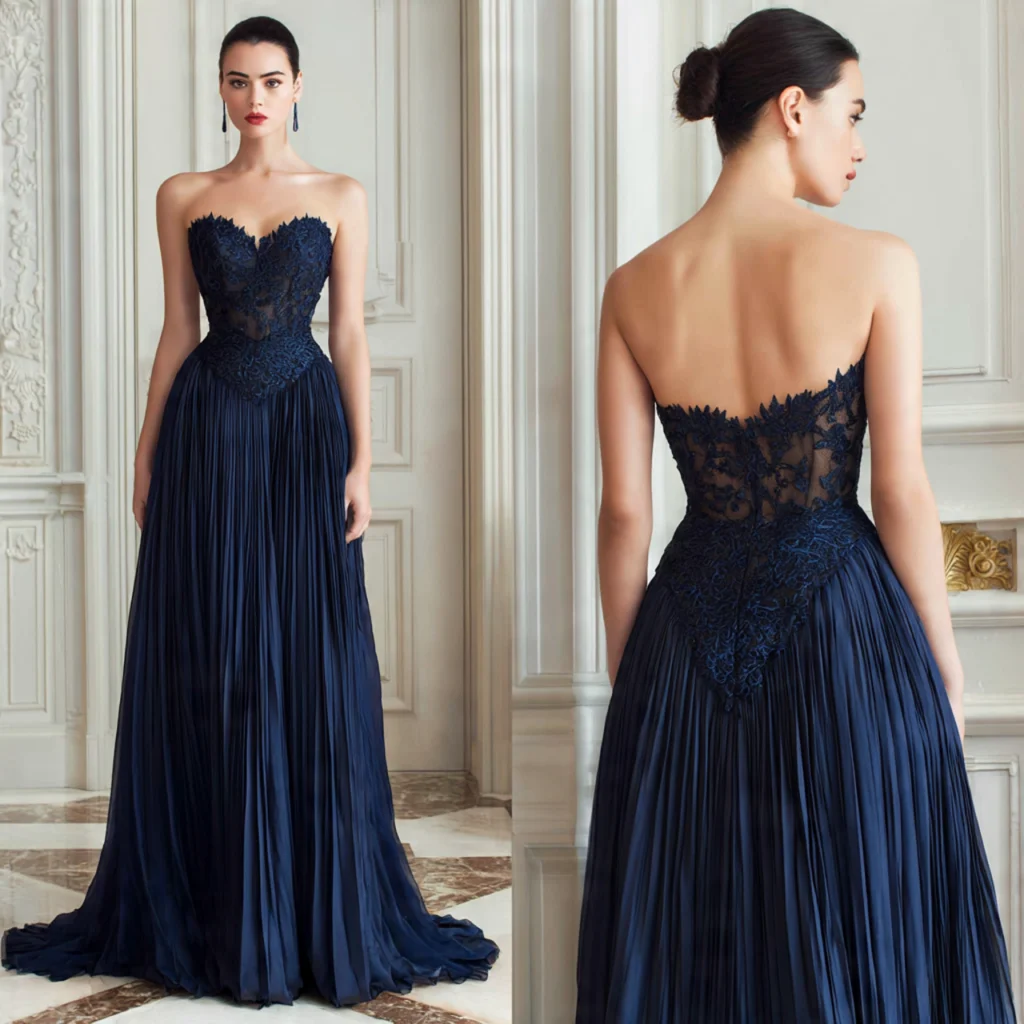 Navy blue pleated skirt gown with lace bodice