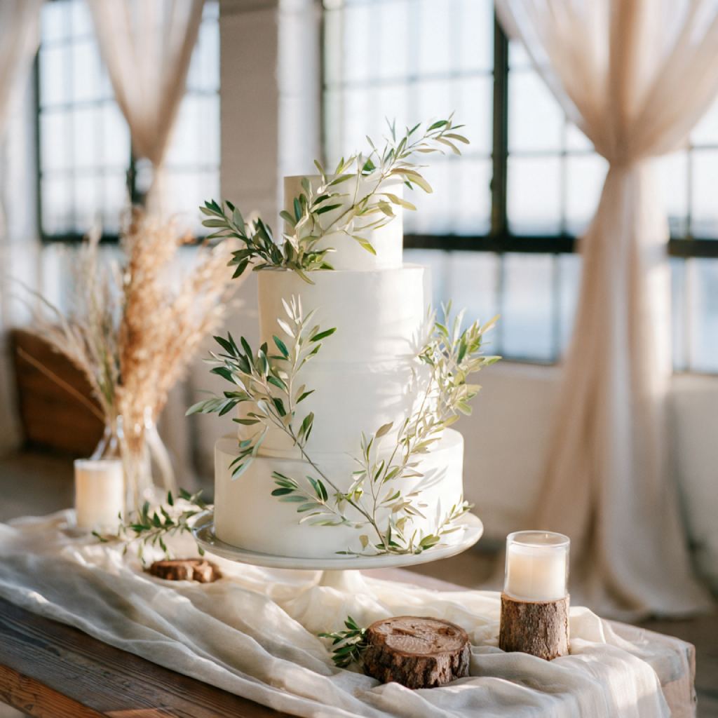 Olive Green Wedding Cake and Dessert Displays