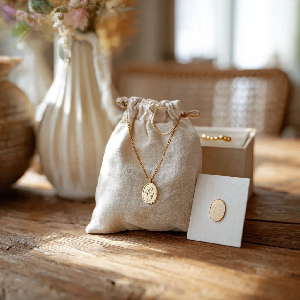 Personalized jewelry reveal in a keepsake pouch