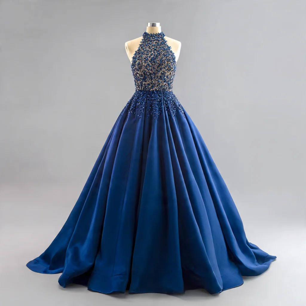 Sapphire blue ball skirt with beaded bodice