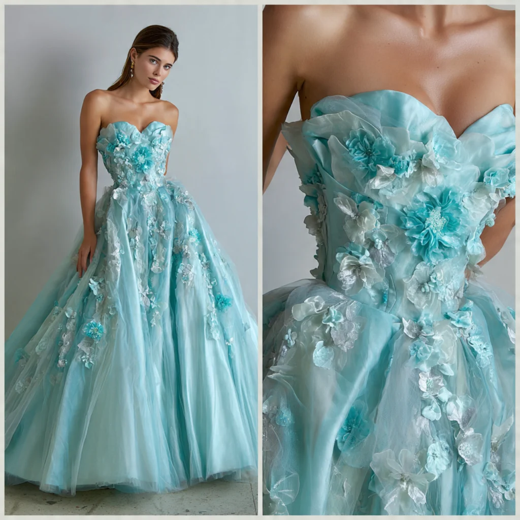 Seafoam blue whimsical gown with floral accents