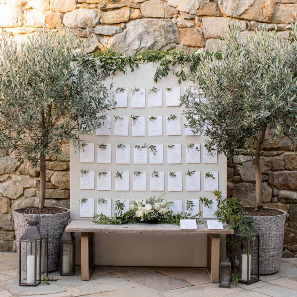 Seating Charts & Stationery Displays in Olive Green Accents