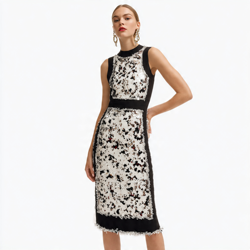 Sequin-Trim Midi Dress