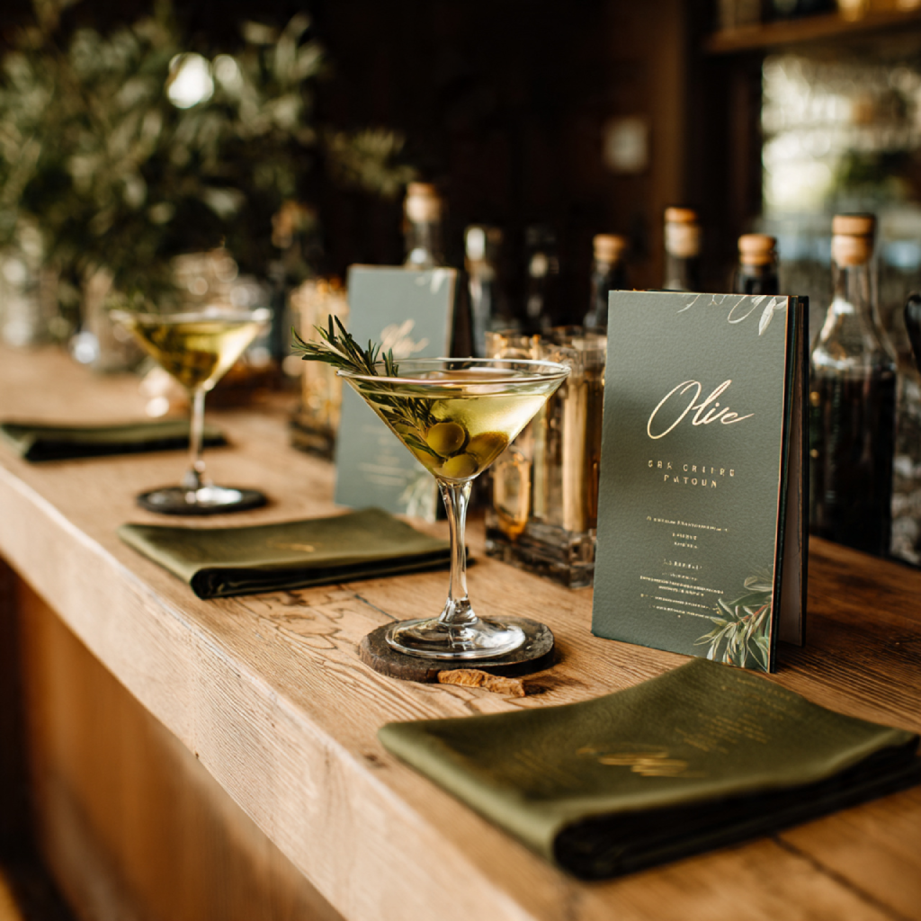 Signature Cocktails and Tableware in Olive Green Hues