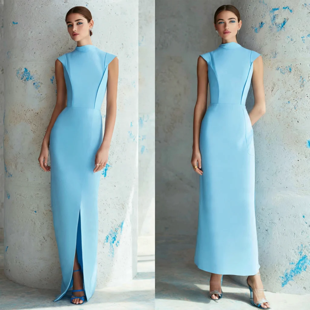 Sky‑blue column dress with clean lines