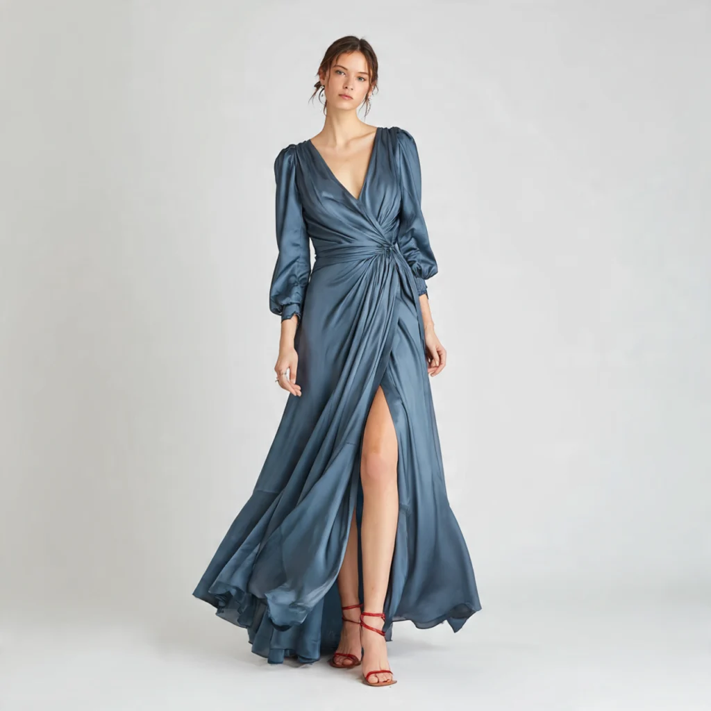 Slate blue satin wrap gown