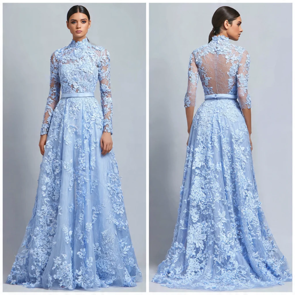Soft pastel blue lace gown