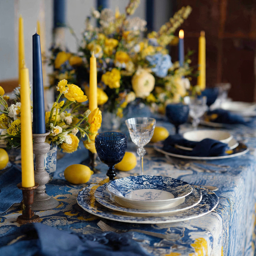Table setting design in blue and yellow tones