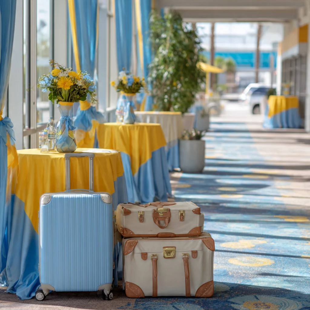 Transportation and guest arrival touches in blue and yellow