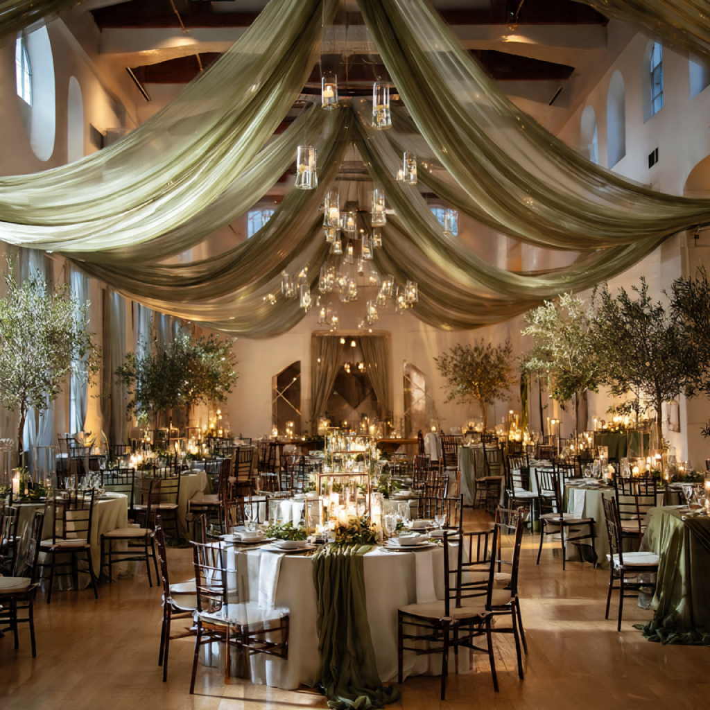 Venue Décor with Olive Green Fabrics and Textures