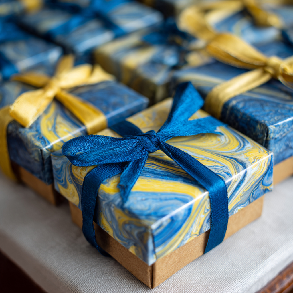 Wedding favours wrapped in blue and yellow